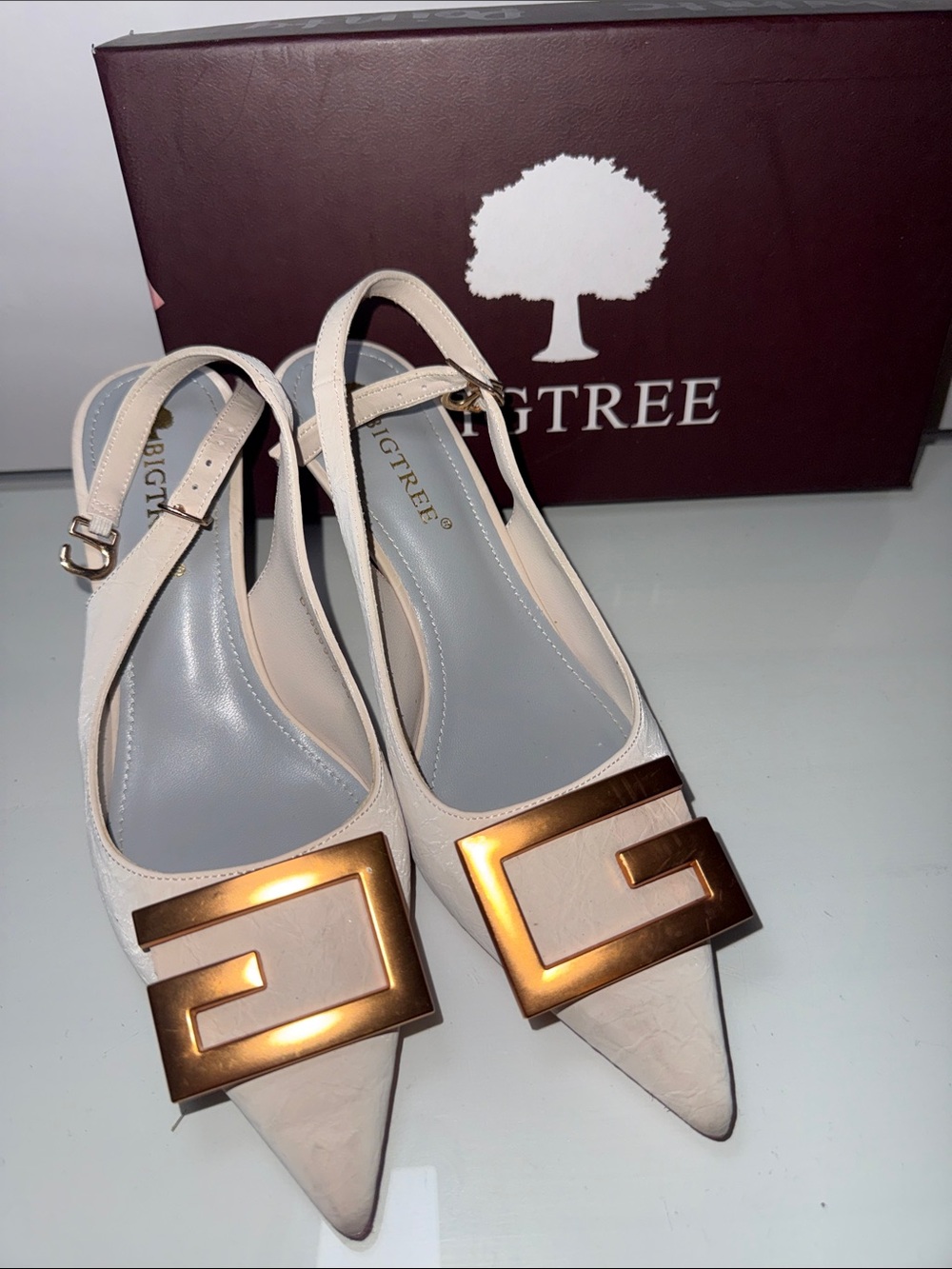 BigTree Cream Pointed Slingback Mules with Gold Plaque
